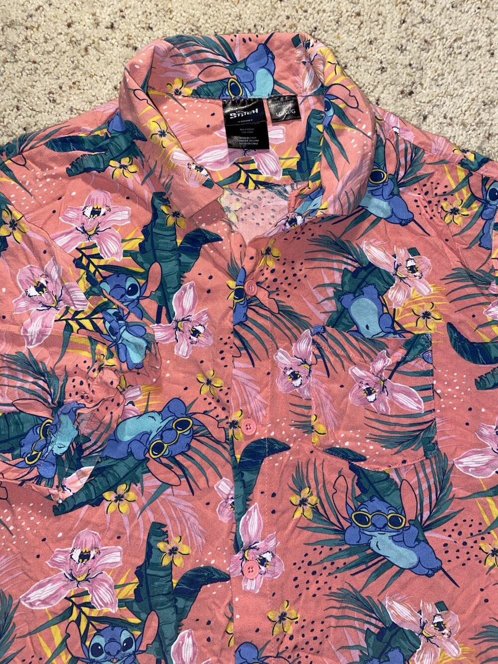 Disney Lilo & Stitch Mens Large Hawaiian Shirt Pink Tropical Rayon Button Down